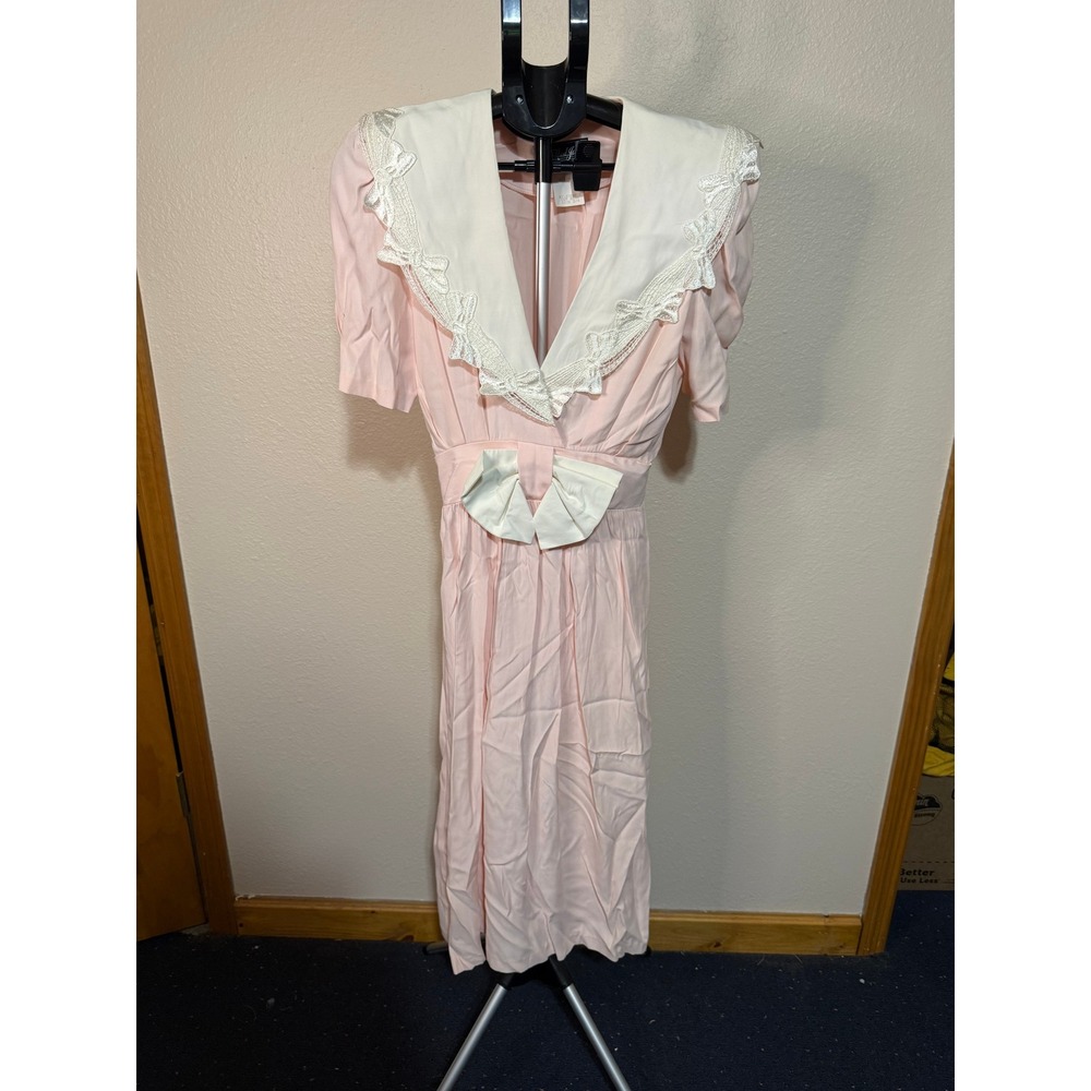Vintage All That Jazz Pink Lace Sailor Collar Bow Midi Dress Size 3/4 Made USA